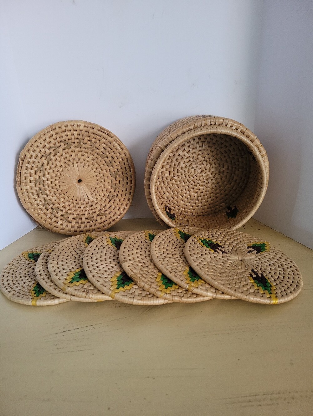 VTG Wicker Rattan Coasters with Basket Set Natural Yellow Brown Green Accent